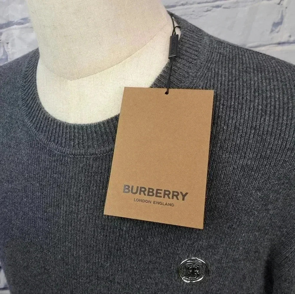 NWT Burberry  Men's Ribbed Sweater TB Logo Cashmere Gray Crewneck Small - Picture 14 of 16